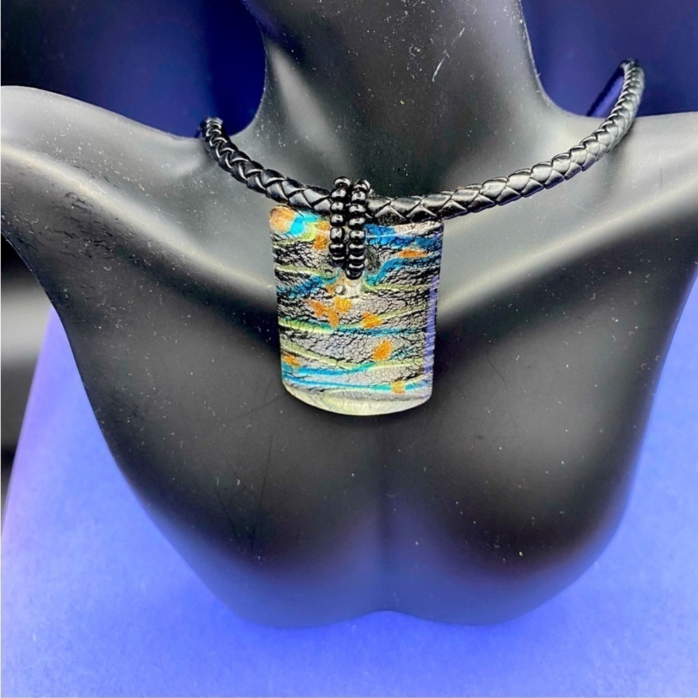Dichroic Glass square pendant on leather magnetic clasp cord chain